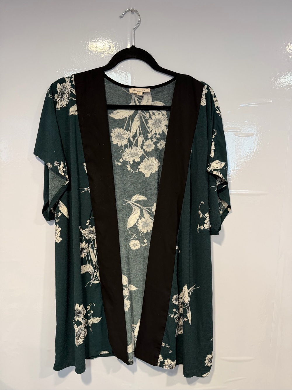 Dark Green Floral Open Kimono with‎ Black Trim by Daily Special